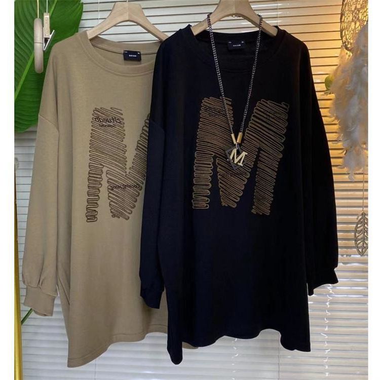 New product selection: Fat MM 300 pounds plus size, loose belly covering long sleeved top, women's Korean version, mid to long length, lazy style, versatile hoodie, trendy