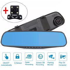 Full HD 1080P Dual Dash Camera | Mirror Car DVR with Rearview & Reverse Front Back Recorder