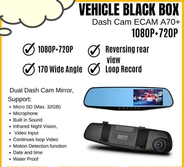 Full HD 1080P Dual Dash Camera | Mirror Car DVR with Rearview & Reverse Front Back Recorder