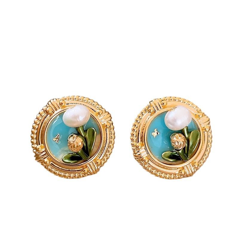Monet Garden oil painting style Baroque pearl earrings for women with a sense of luxury, medieval summer earrings, retro earrings