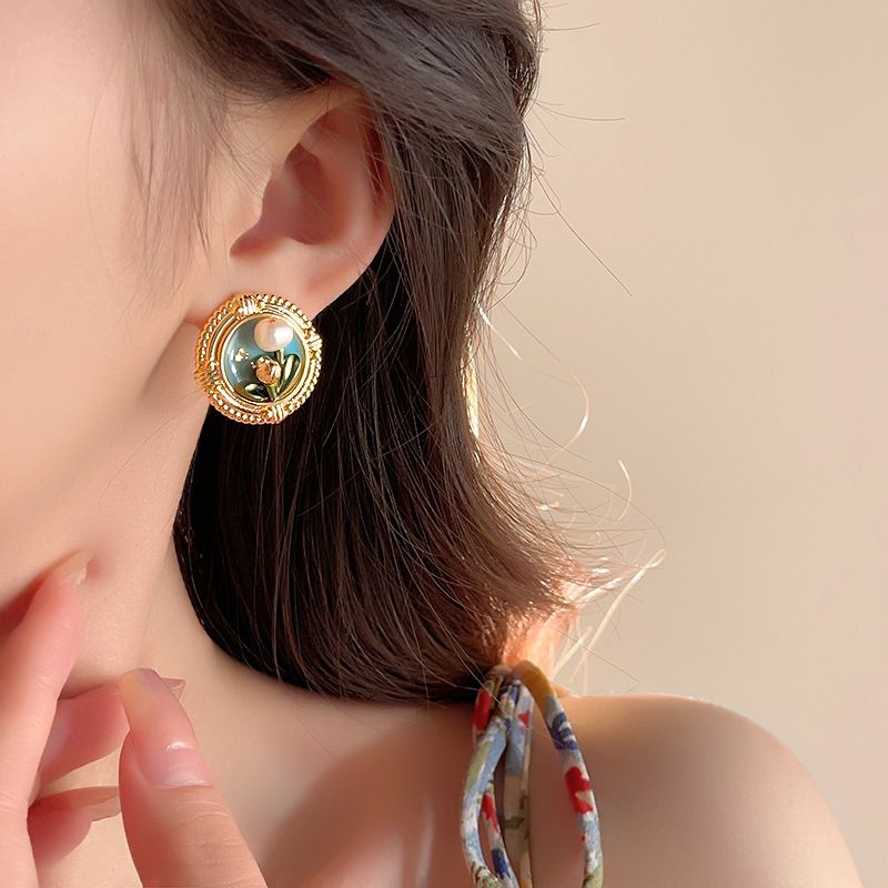 Monet Garden oil painting style Baroque pearl earrings for women with a sense of luxury, medieval summer earrings, retro earrings