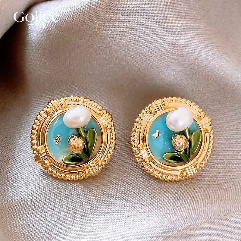 Monet Garden oil painting style Baroque pearl earrings for women with a sense of luxury, medieval summer earrings, retro earrings