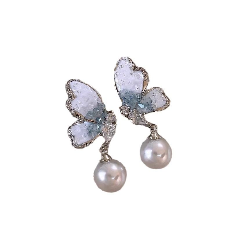 New silver needle blue crystal butterfly earrings, high-class light luxury earrings for small audience, Korean fashionable popular earrings for women, simple and elegant, fashionable and versatile