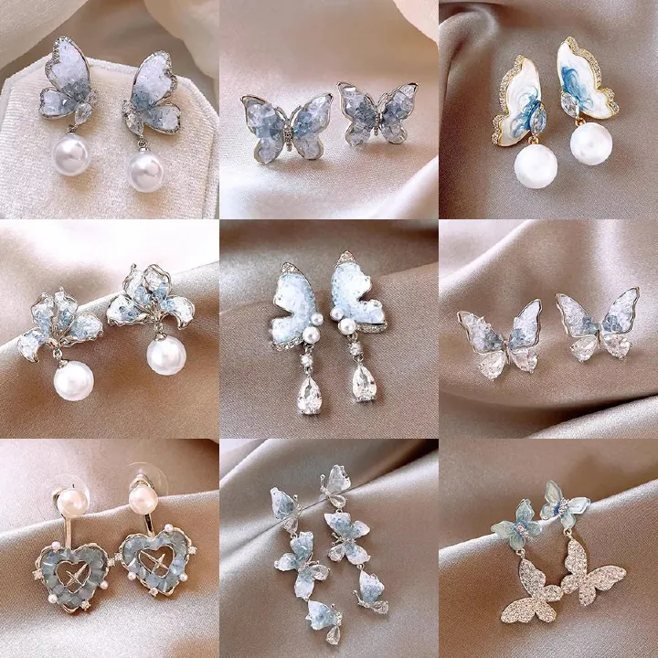 New silver needle blue crystal butterfly earrings, high-class light luxury earrings for small audience, Korean fashionable popular earrings for women, simple and elegant, fashionable and versatile