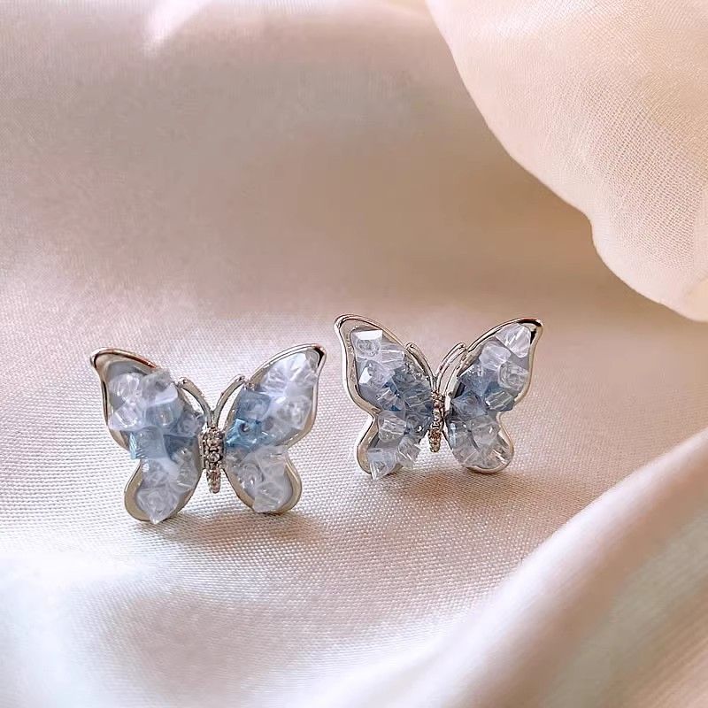 New silver needle blue crystal butterfly earrings, high-class light luxury earrings for small audience, Korean fashionable popular earrings for women, simple and elegant, fashionable and versatile