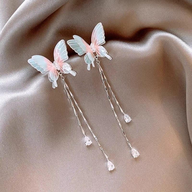 New silver needle blue crystal butterfly earrings, high-class light luxury earrings for small audience, Korean fashionable popular earrings for women, simple and elegant, fashionable and versatile
