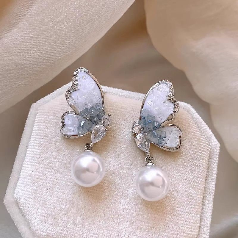 New silver needle blue crystal butterfly earrings, high-class light luxury earrings for small audience, Korean fashionable popular earrings for women, simple and elegant, fashionable and versatile