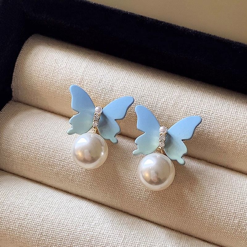 New silver needle blue crystal butterfly earrings, high-class light luxury earrings for small audience, Korean fashionable popular earrings for women, simple and elegant, fashionable and versatile