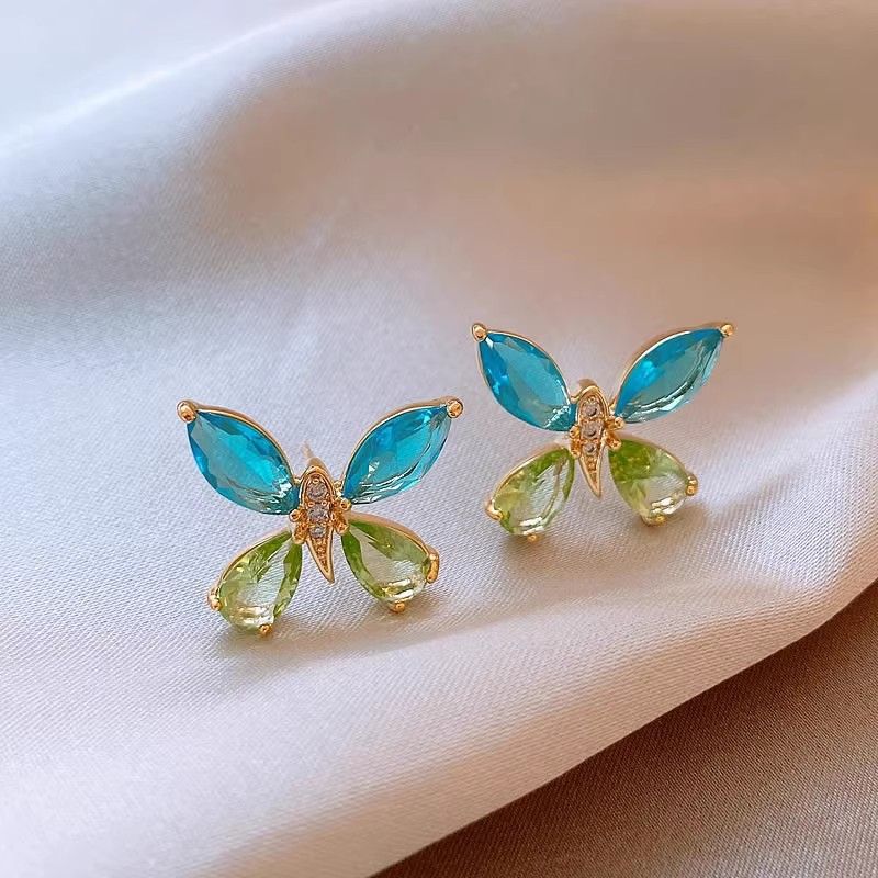 New silver needle blue crystal butterfly earrings, high-class light luxury earrings for small audience, Korean fashionable popular earrings for women, simple and elegant, fashionable and versatile