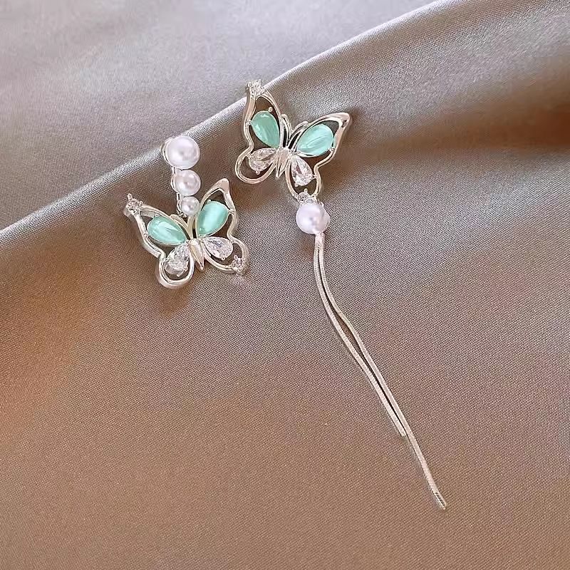 New silver needle blue crystal butterfly earrings, high-class light luxury earrings for small audience, Korean fashionable popular earrings for women, simple and elegant, fashionable and versatile