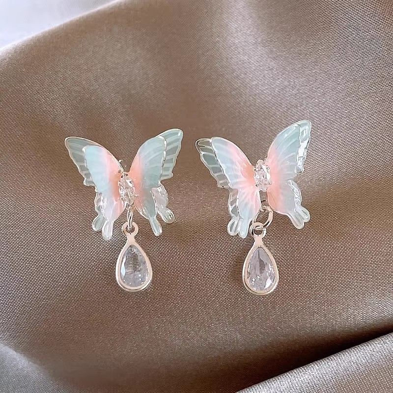 New silver needle blue crystal butterfly earrings, high-class light luxury earrings for small audience, Korean fashionable popular earrings for women, simple and elegant, fashionable and versatile