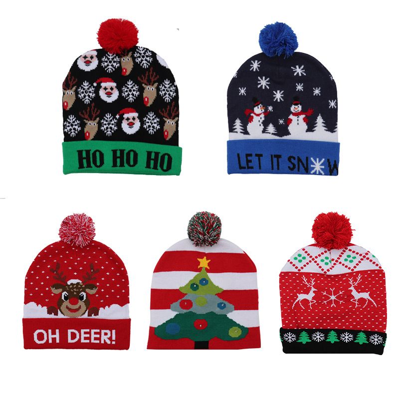 New Christmas decorations,adult and children's knitted Christmas hats,colorful luminous knitted hats,high-end elderly Christmas hats,flanged hats with balls  LED lights,suitable for various occasions