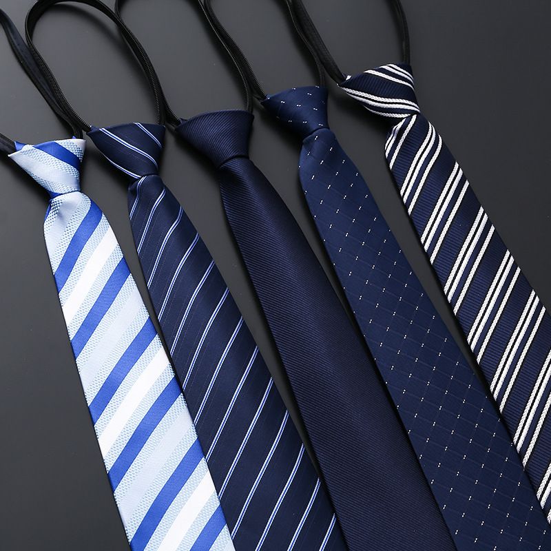 New men's business formal zipper tie, groom's wedding blue striped tie, Korean version black lazy tie, convenient and easy to wear, fashionable and casual office administrative knot free tie