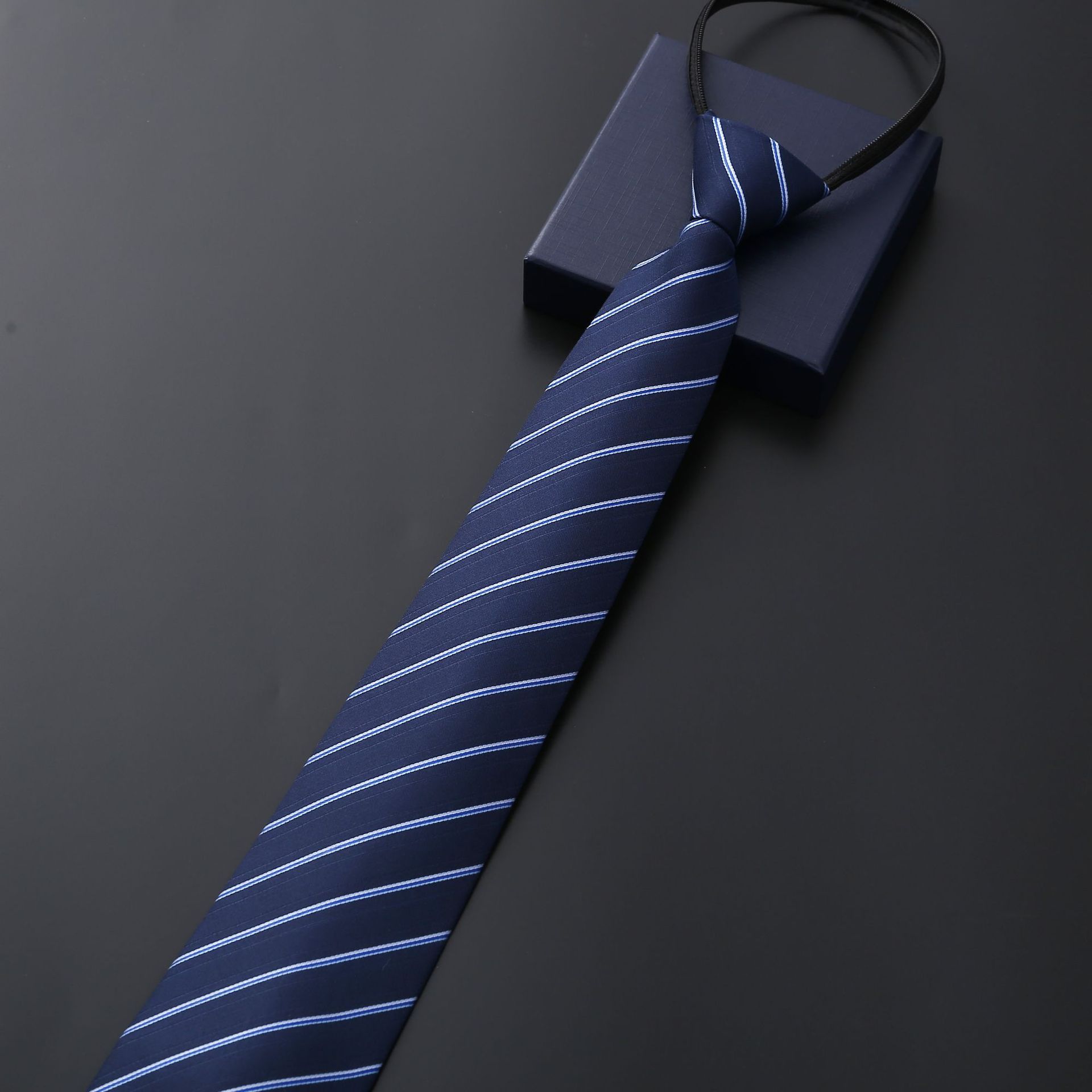 New men's business formal zipper tie, groom's wedding blue striped tie, Korean version black lazy tie, convenient and easy to wear, fashionable and casual office administrative knot free tie