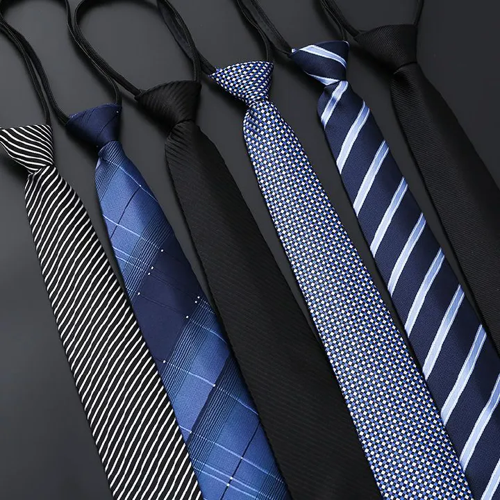 New men's business formal zipper tie, groom's wedding blue striped tie, Korean version black lazy tie, convenient and easy to wear, fashionable and casual office administrative knot free tie