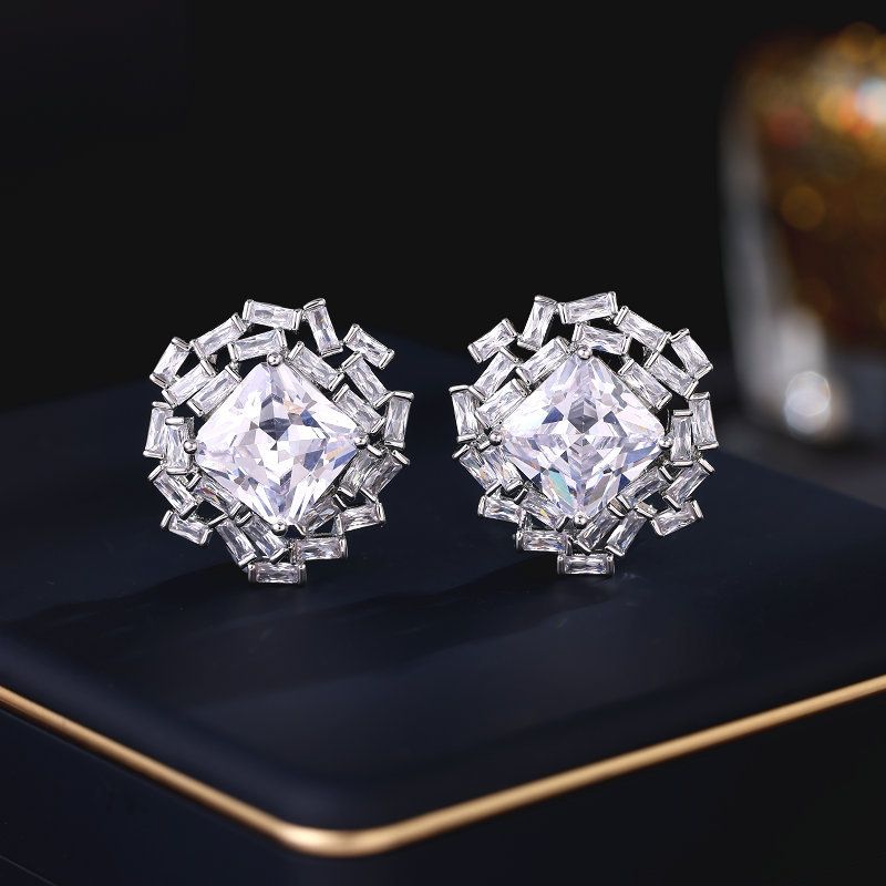 S925 Silver Needle New Earrings Zircon High Grade Crystal Earrings Trendy Niche Light Luxury Super Sparkling Square Sugar Zircon Earrings