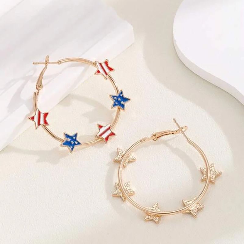 New Cross border American Independence Day Pentagram Flag Drip Oil Earrings Women's European and American Fashion Star Earrings