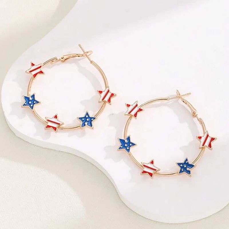 New Cross border American Independence Day Pentagram Flag Drip Oil Earrings Women's European and American Fashion Star Earrings
