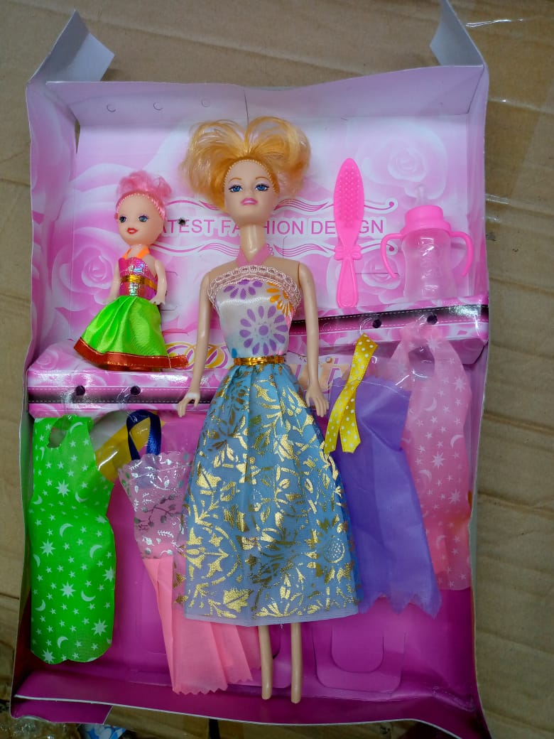 Barbie doll with short brown curly hair,wearing a long blue and orange dress Toy for Kids Ages 3 Years Old & Up