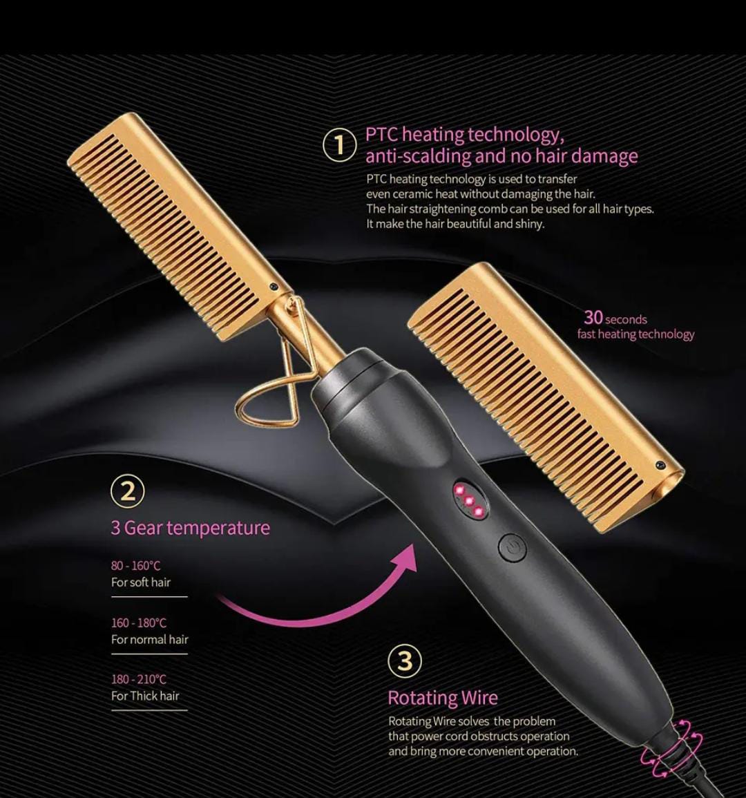 Gold ceramic professional hot press comb,Has 20 variable heat settings, fast heat up, swivel cord for tangle-free styling , Hot Pressing Brush for Natural Black Hair, Beard Wigs, and Curling