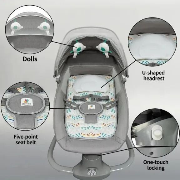 Electric Baby Swing Remote controlled with 3-in-1 function: Rocker, sleeper, bassinet. Reclines. 5-speed variation