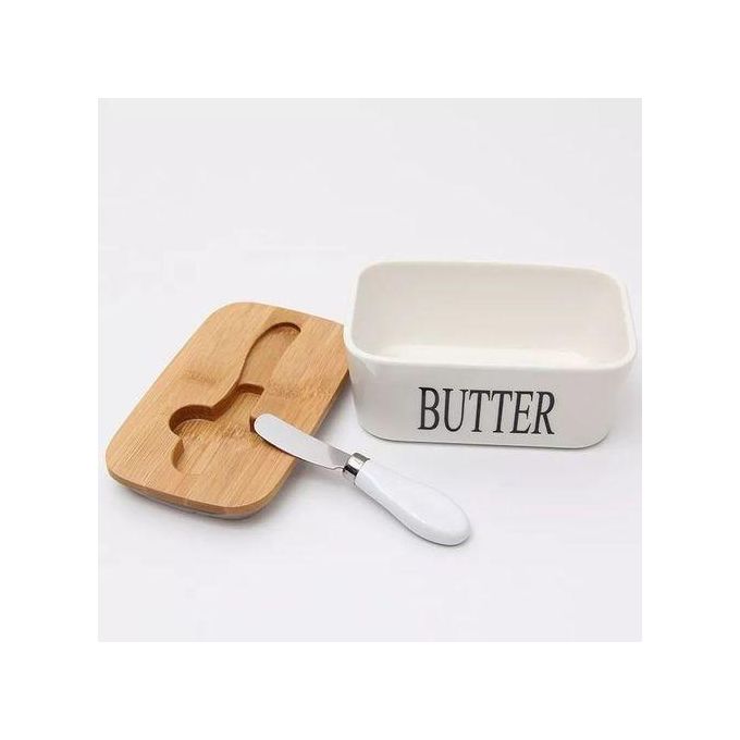 Airtight Ceramic Butter Dish Container With Bamboo Lid+Knife