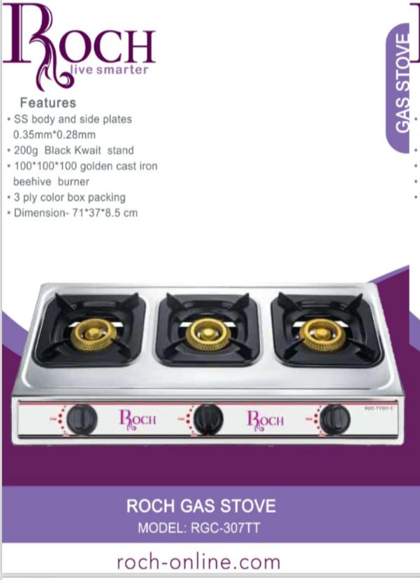 Roch 3 gas burner stainless Steel gas table top  3-Burner Automatic Gas Cooker
Stainless Steel body and side plates   0.35mm*0.28mm 
200g  Black Kwait  stand                                     
100*1