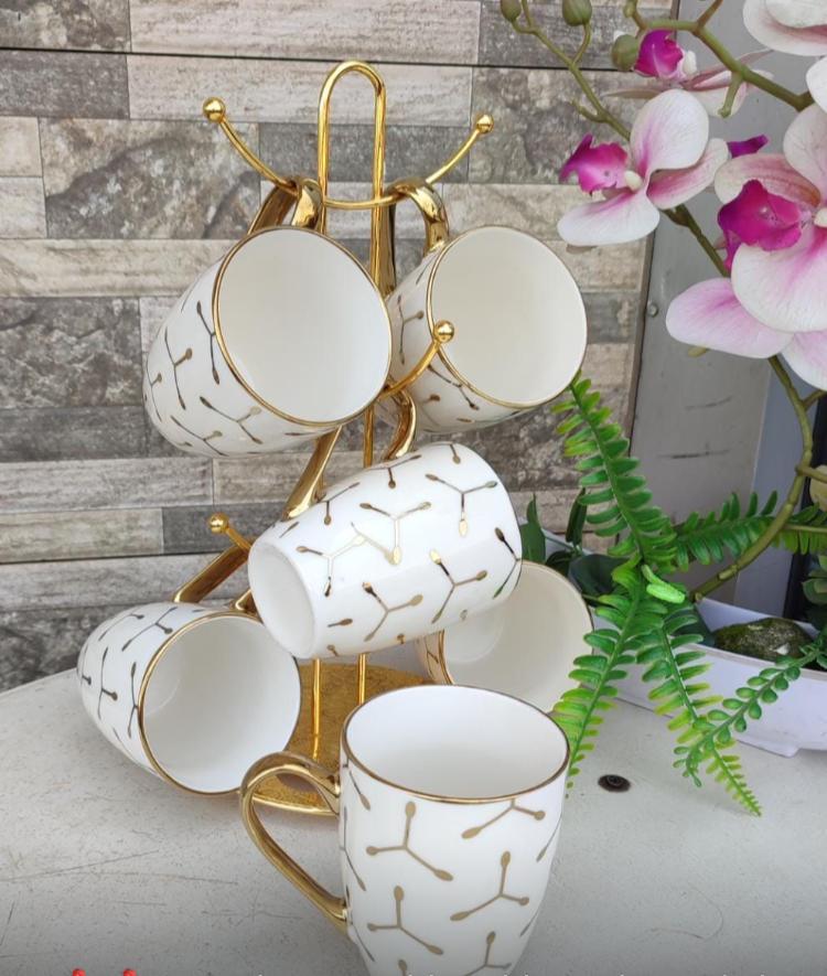 6pcs Ceramic Coffee Mug 6pcs Cups for Coffee, latte, Cappuccino, Tea, Cocoa, Cereal, Hot Chocolate, Dishwasher Safe, White/Gold  Comfortable Large Handle: Fasmov coffee mugs have large handles and big