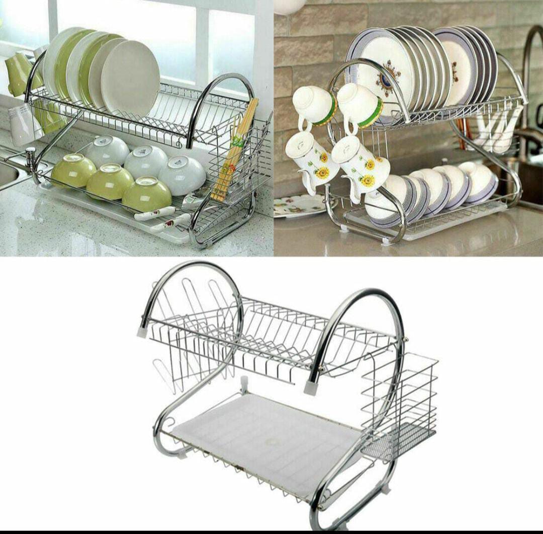 2 Tier Dish Rack Stainless Steel, With Drain Board  The dish rack's fingerprint-proof finish keeps the rust-proof Stainless Steel body shiny. The utensil holder and dish drainer are both dishwasher-sa
