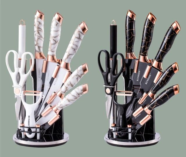Marble knife set   These knives will do wonders for your life. Stored on a gorgeous stand and equipped with ergonomic soft touch handles, this knife sets are a beautiful compliment to any kitchen.