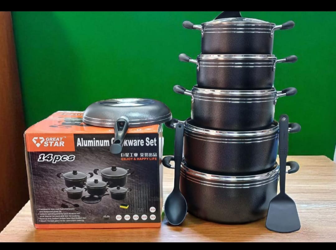 Great star (Tc model )14 Pcs Nonstick Sufuria Cookware Set - Specially designed bottom for better heat efficiency, Non-stick coating‎, Non-Toxic Non-stick‎, Elegance look, Durable . It is light and ea