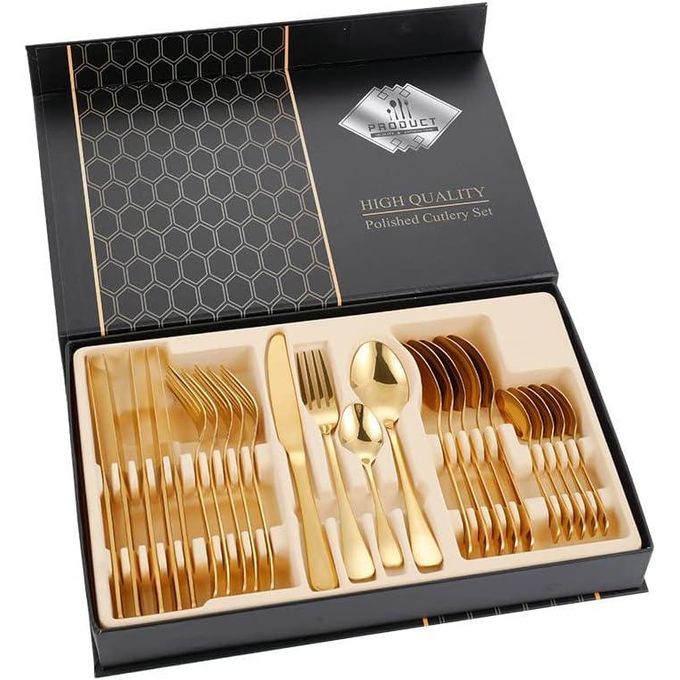 Gold cutlery setThese are high-value flatware set with exquisite gift boxes.Perfect to use for restaurants, hotels, cafés, weddings, parties, kitchen and
everyday meals.