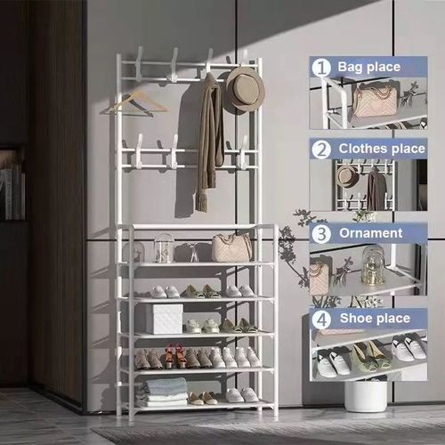 Strong metallic 5 layers multipurpose clothes hanging rack/organizer with shoes place  eatures:
- Easy to assemble and easy to clean.
- Good combination of clothing rack and shoe rack. This portable g