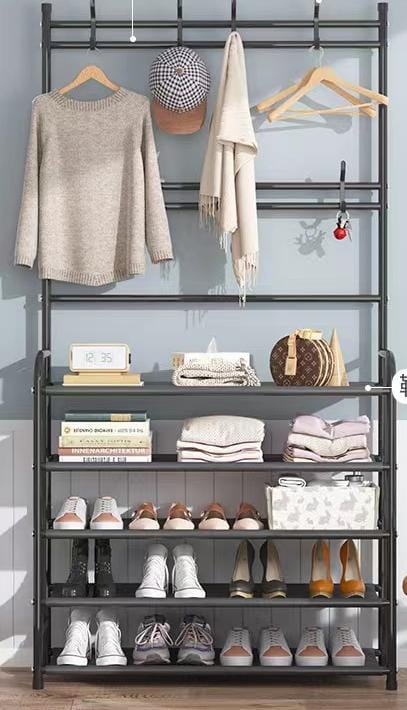 Strong metallic 5 layers multipurpose clothes hanging rack/organizer with shoes place  eatures:
- Easy to assemble and easy to clean.
- Good combination of clothing rack and shoe rack. This portable g