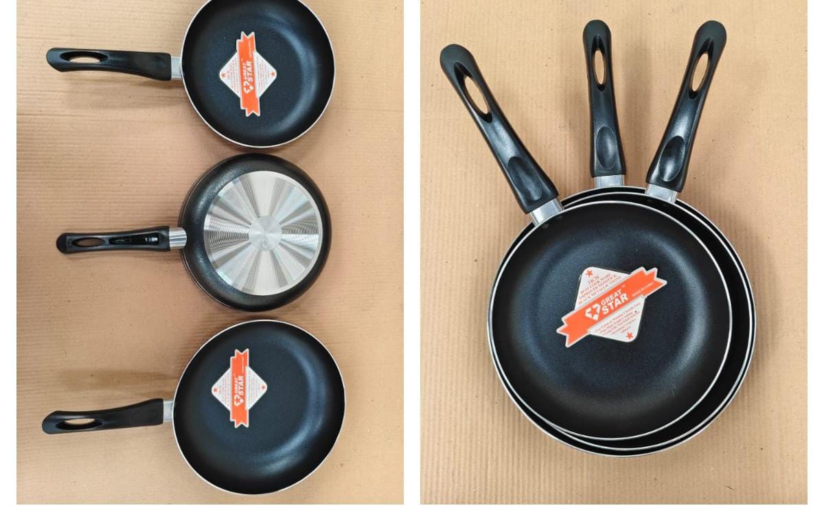 Non-stick pans The non-stick frying pans are made of aluminum which spreads heat
evenly and is energy efficient, and makes it easier to regulate heat so
the food does not burn and stick
