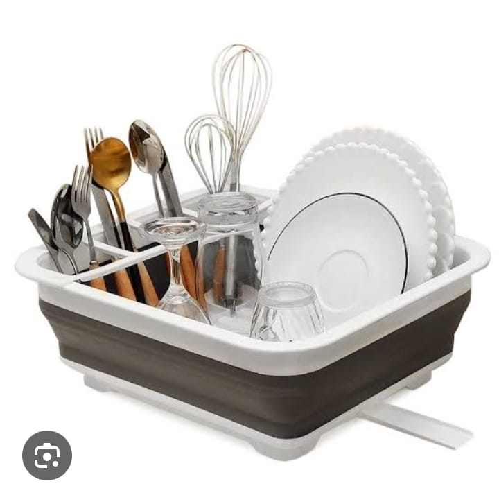Collapsible Silicone dish rack . Made of rust resistant plastics and food grade silicone, this dish rack achieves simple water filtration and long serve life.