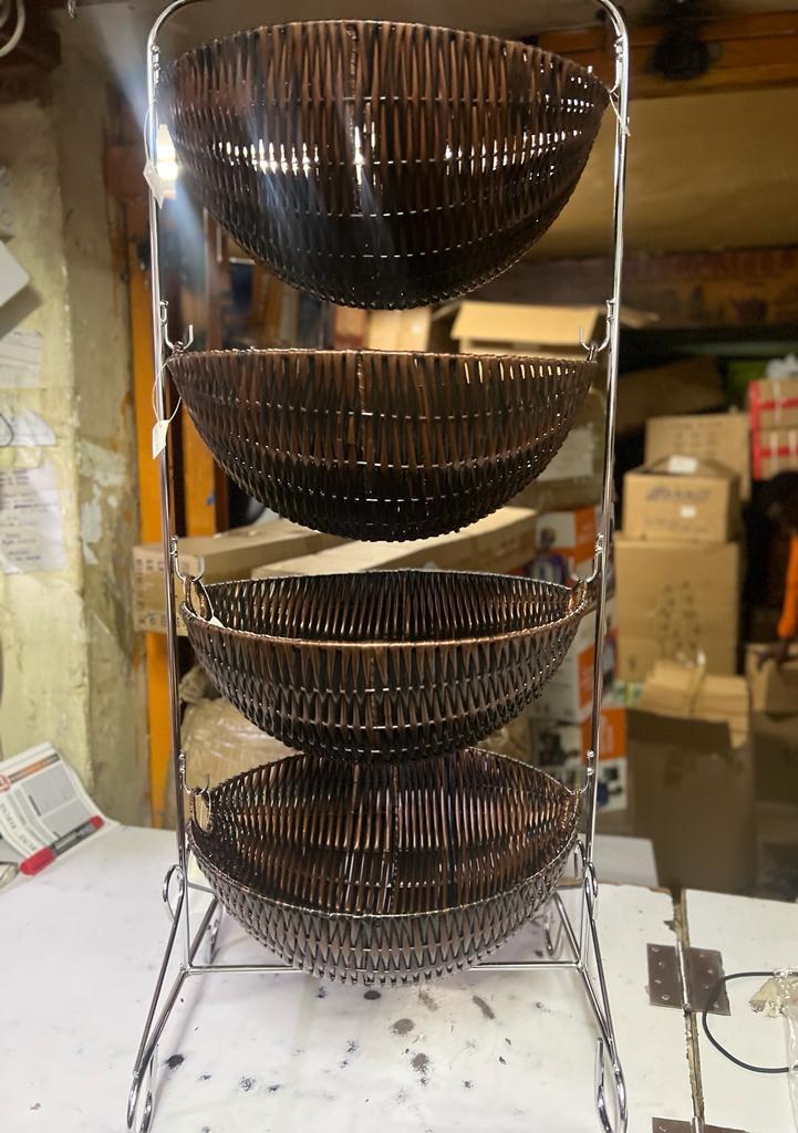 Fruit rack bucket 4 layer Made from durable metal/plastic/wood, this rack ensures stability, ventilation, and easy access to your items.ts compact yet spacious design makes it perfect for kitchens
