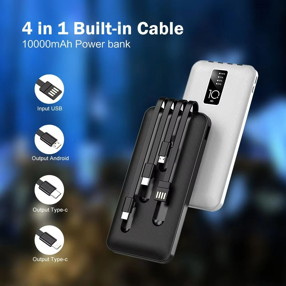 【Besundy】Built in 4 Cables 10000mAh Portable Power bank Comfortable Handshake 4-wire Led Display Powerbank Fast Charge Dual Output Ports