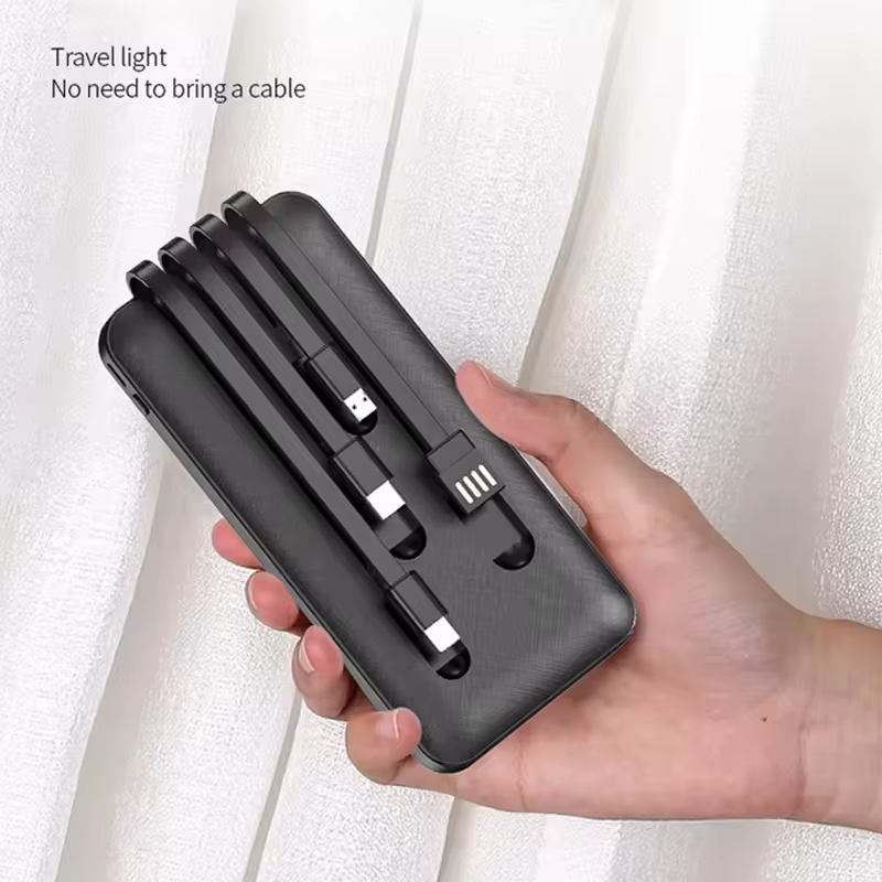 【Besundy】Built in 4 Cables 10000mAh Portable Power bank Comfortable Handshake 4-wire Led Display Powerbank Fast Charge Dual Output Ports