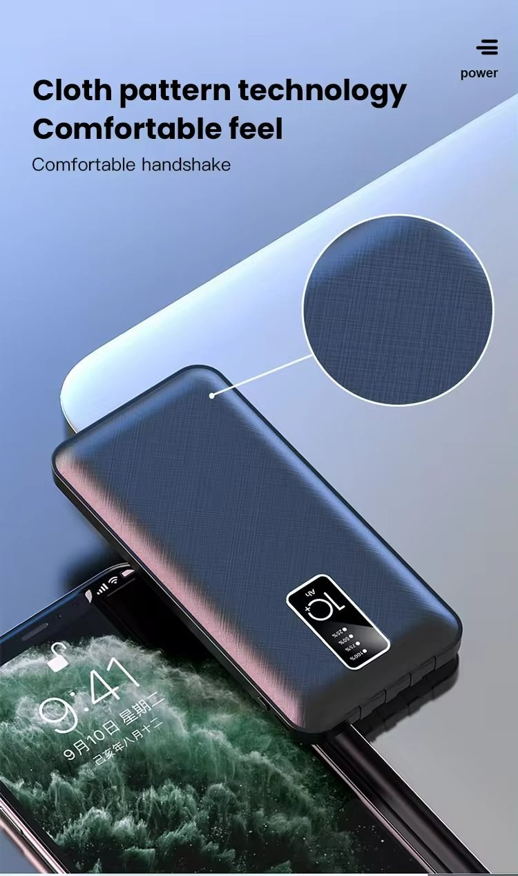 【Besundy】Built in 4 Cables 10000mAh Portable Power bank Comfortable Handshake 4-wire Led Display Powerbank Fast Charge Dual Output Ports