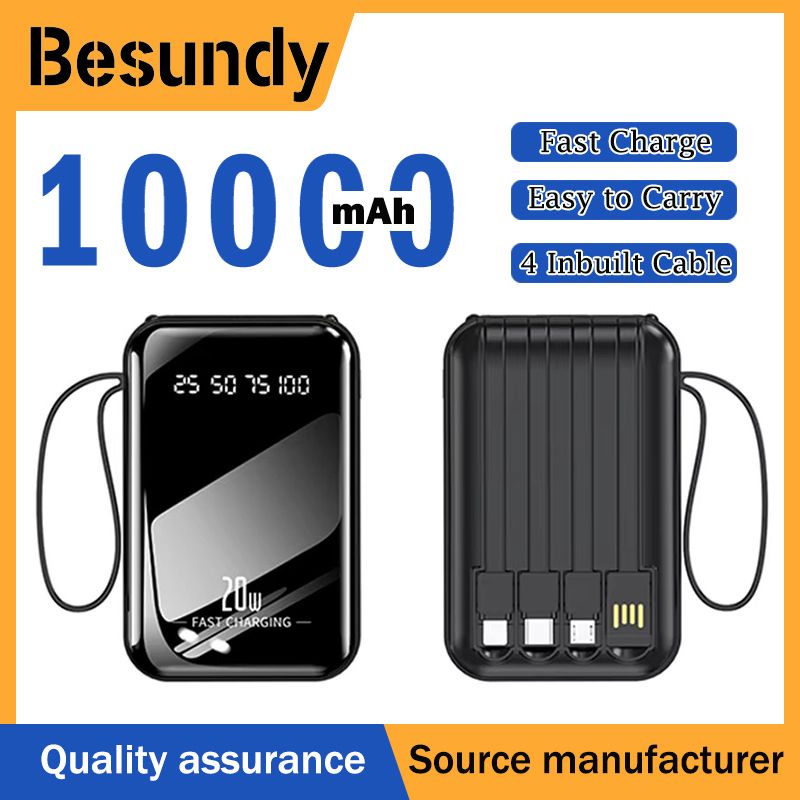 【Besundy】Built in 4 Cables Power Banks 10000mAh Powerbank Portable 2A Fast Charge Power Banks with Flashlight For IPhone Android Type-C powerbank