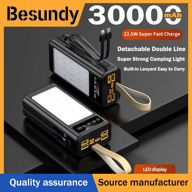 Besundy New 30000mAh with Large Camping Light Portable Powerbank Built-in Cable Power Banks with Lanyard for all Phones Type-C 4 prots Output