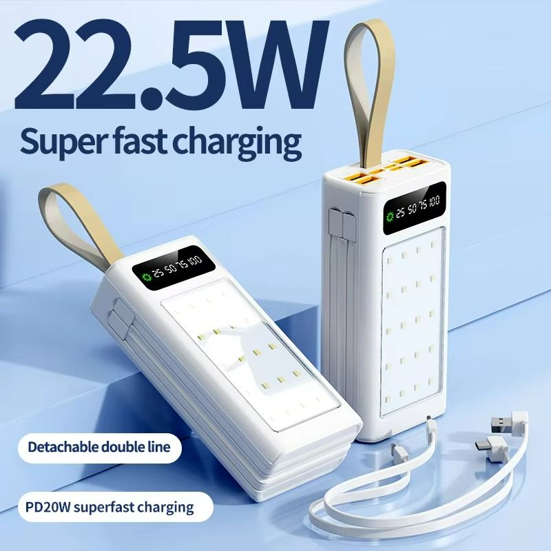 Besundy New 30000mAh with Large Camping Light Portable Powerbank Built-in Cable Power Banks with Lanyard for all Phones Type-C 4 prots Output
