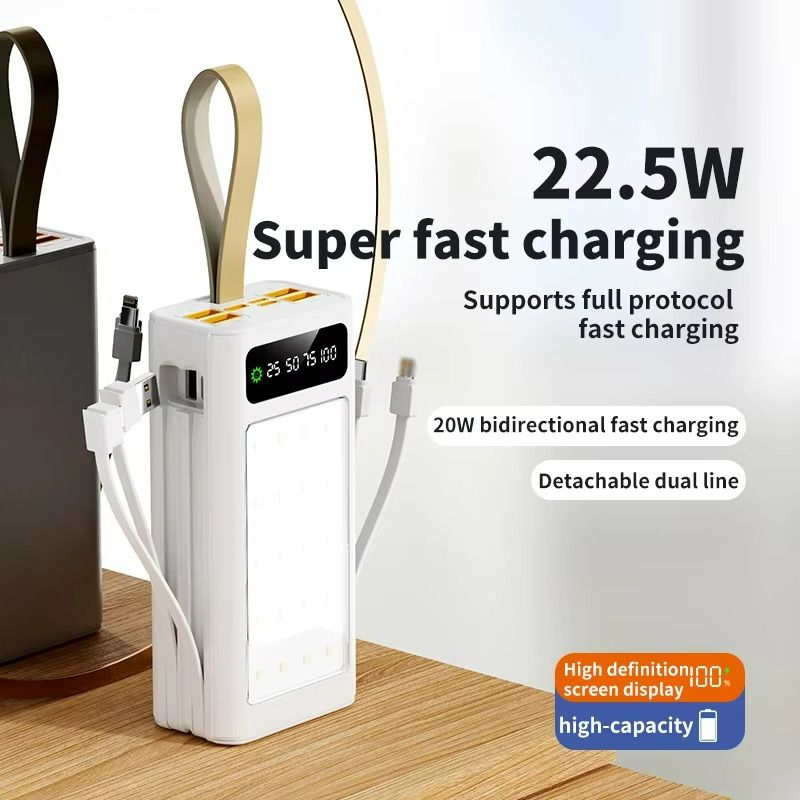 Besundy New 30000mAh with Large Camping Light Portable Powerbank Built-in Cable Power Banks with Lanyard for all Phones Type-C 4 prots Output