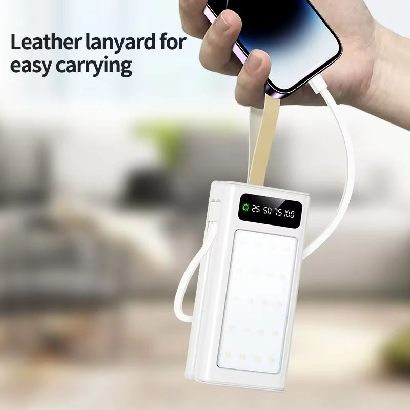 Besundy New 30000mAh with Large Camping Light Portable Powerbank Built-in Cable Power Banks with Lanyard for all Phones Type-C 4 prots Output