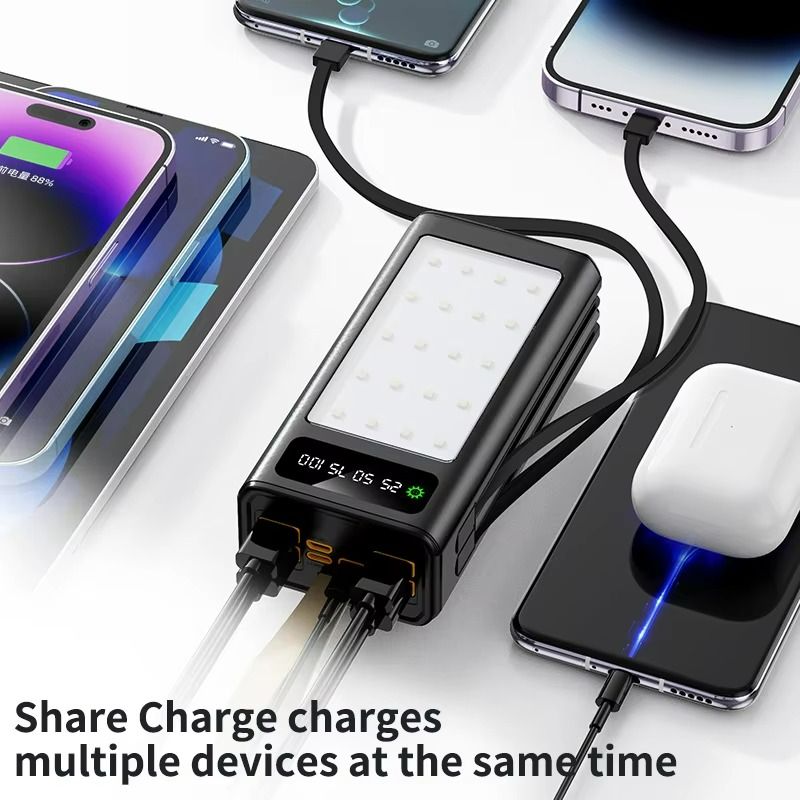 Besundy New 30000mAh with Large Camping Light Portable Powerbank Built-in Cable Power Banks with Lanyard for all Phones Type-C 4 prots Output