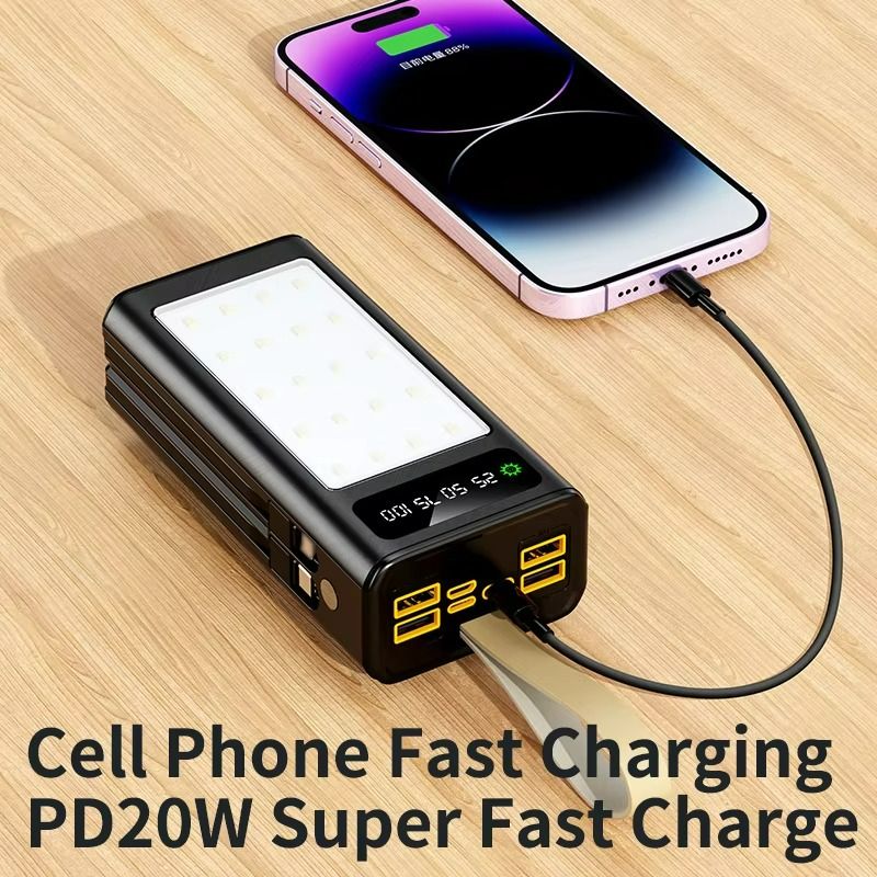 Besundy New 30000mAh with Large Camping Light Portable Powerbank Built-in Cable Power Banks with Lanyard for all Phones Type-C 4 prots Output