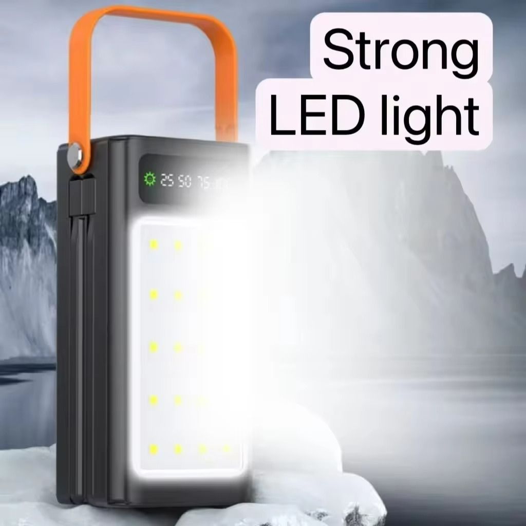 Besundy New 30000mAh with Large Camping Light Portable Powerbank Built-in Cable Power Banks with Lanyard for all Phones Type-C 4 prots Output