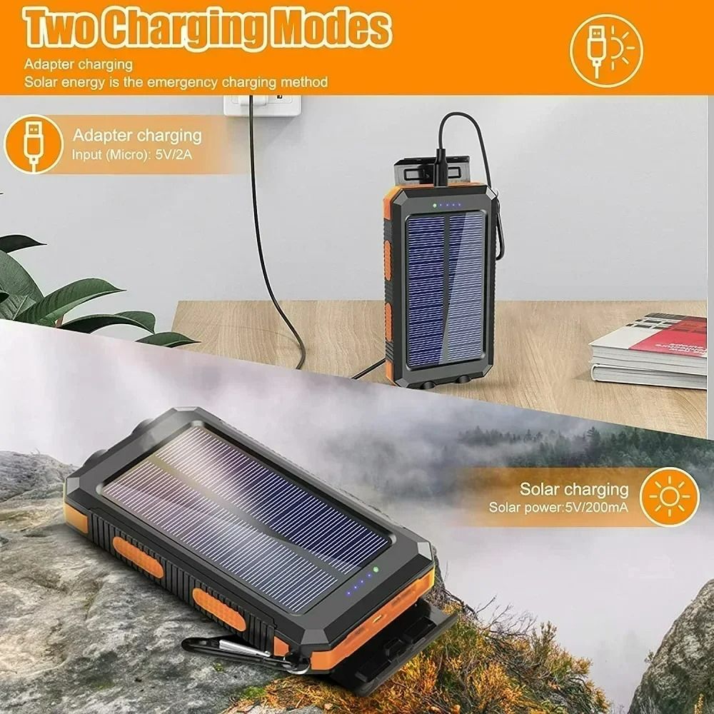 Outdoor Solar Power Bank 20000mAh Portable Fast Charger Power Banks with Compass Torch Powerbank LED Lighting Dual USB Outputs For Camping Travel