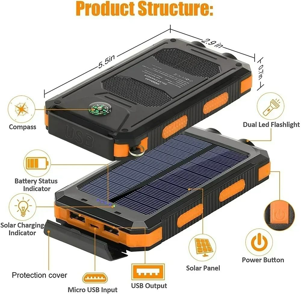 Outdoor Solar Power Bank 20000mAh Portable Fast Charger Power Banks with Compass Torch Powerbank LED Lighting Dual USB Outputs For Camping Travel